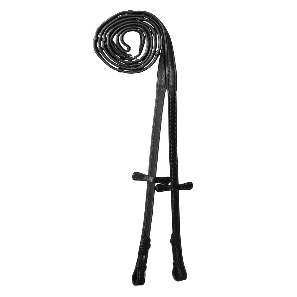 Exion Ultra Soft Calf Skin Leather Loop Reins with 7 Hand Stops | Hook Stud Fastening Reins for Horse | Black Vegetable Tanned Leather | Size- Over
