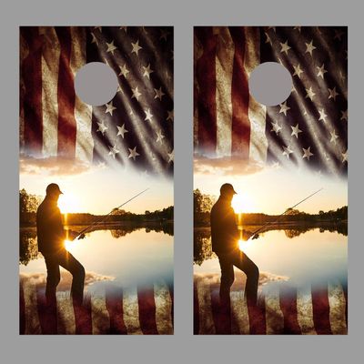Aged American Flag Boat Lake Fishing Design B Corn Hole Board Decal Wraps