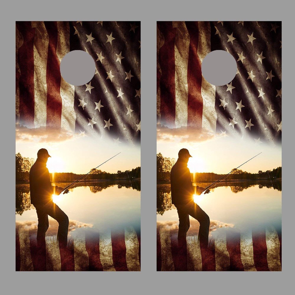 Aged American Flag Boat Lake Fishing Design B Corn Hole Board Decal Wraps