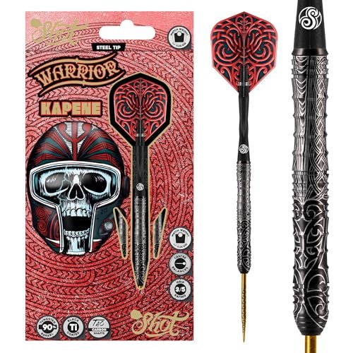 Shot! Darts Warrior Kapene Steel Tip Dart Set | 90% Tungsten Barrels | Center Balanced for Maximum Aerodynamics | Handcrafted Pro Darts with Flights | Metal Tip | Made in New Zealand (22gm)