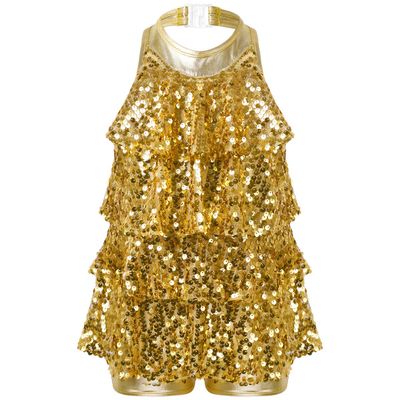 ACSUSS Kids Girls Sequins Dance Dress Shiny Leotards for Jazz Latin Teens Ballroom Dancing Costume Gold 10 Years