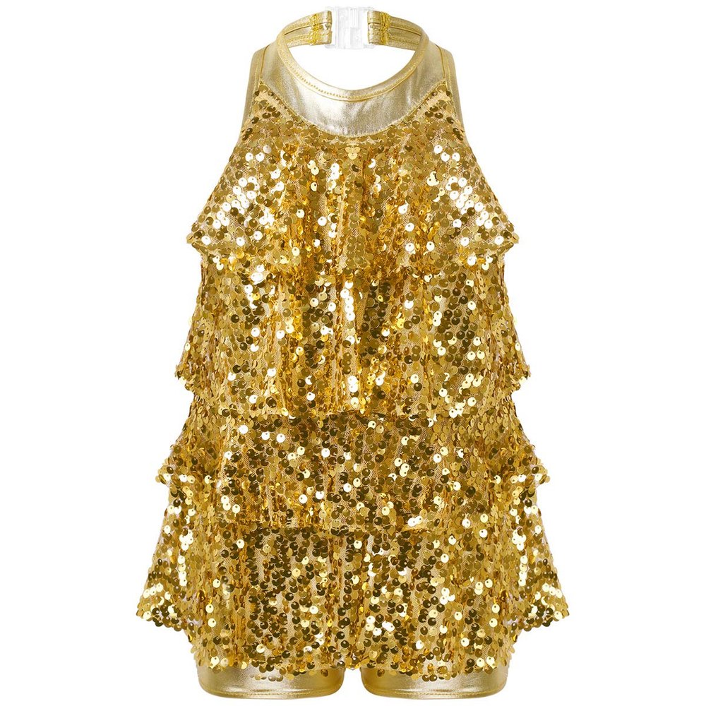 ACSUSS Kids Girls Sequins Dance Dress Shiny Leotards for Jazz Latin Teens Ballroom Dancing Costume Gold 10 Years