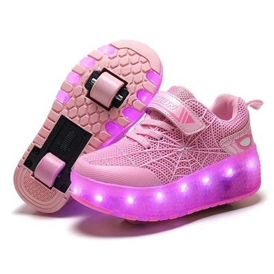 BFOEL Rechargeable Roller Shoes for Boys Girls Age 6-14 with LED Light-Up Kids Sneakers for Outdoor Play, Birthday Pink-White