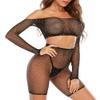 Abberrki Womens Sexy Sparkle Rhinestones Fishnet Long Sleeve Crop Top and Biker Shorts Two Piece Lingerie Sets (Black, One Size) view 2