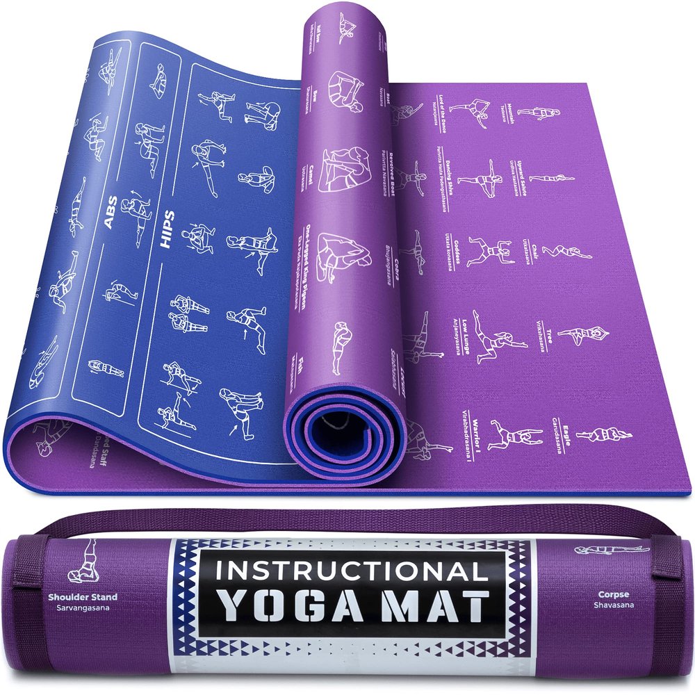 Instructional Cute Yoga Mat with Poses Printed On It & Carrying Strap - 75 Illustrated Yoga Poses & 75 Stretches - For Women and Men - Non-Slip, 1/4" Extra-Thick For Beginners