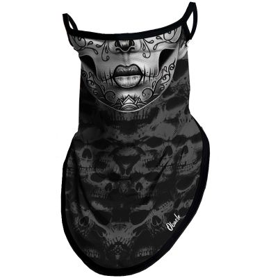 Obacle Bandana Face Mask with Ear Loops Neck Gaiter Face Mask Scarf Face Cover for Men Women (Skull Flower Face Gray Lip)