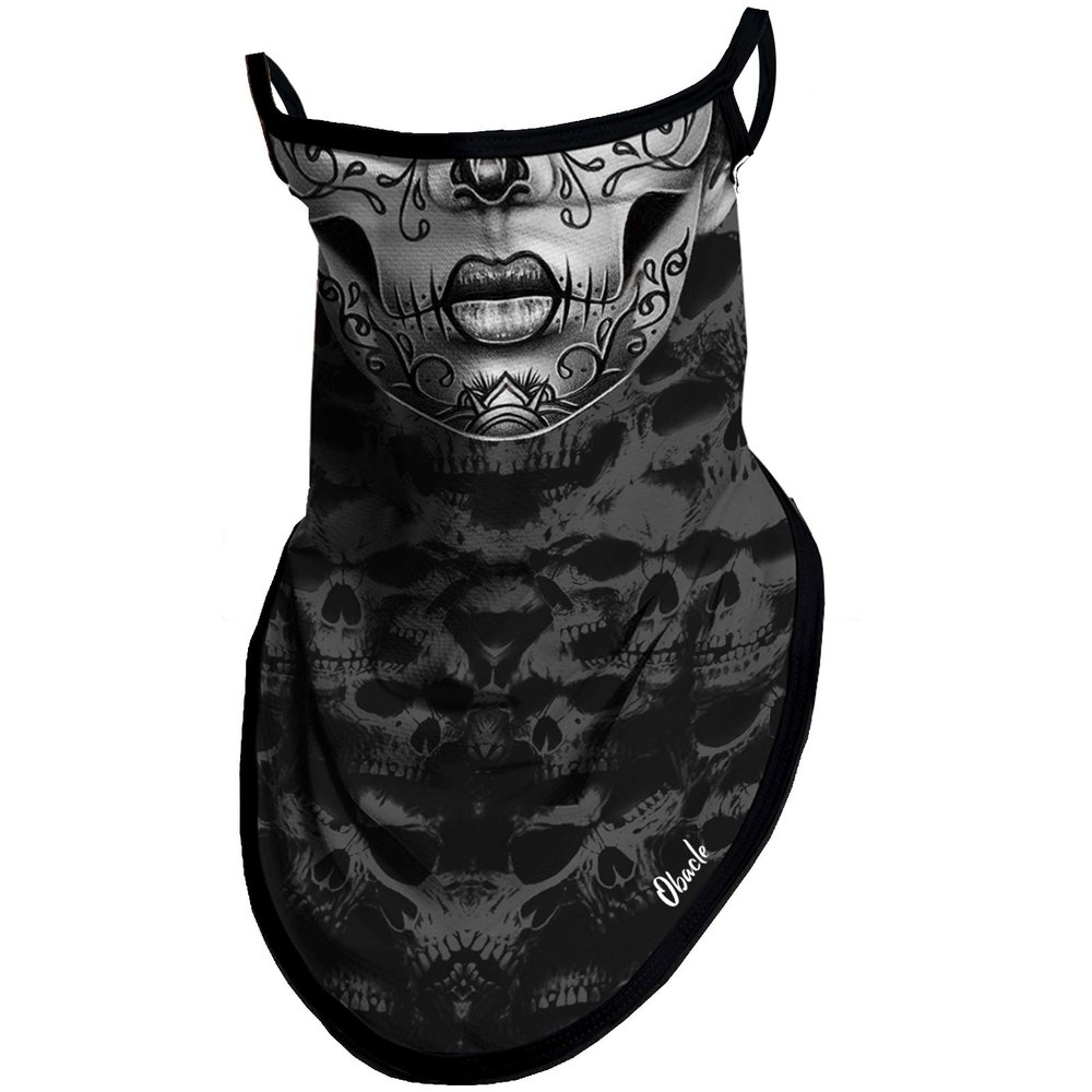 Obacle Bandana Face Mask with Ear Loops Neck Gaiter Face Mask Scarf Face Cover for Men Women (Skull Flower Face Gray Lip)