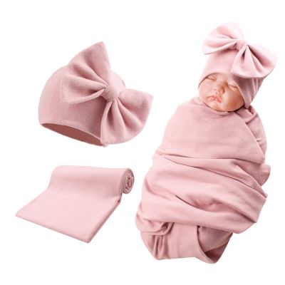 Bamery Newborn Baby Girl Hat Receiving Blanket Cotton Baby Bow Beanie Swaddle Spring Infant Hats for Girls (Skin Pink Hat+Swaddle, Preemie)