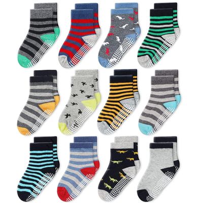 CozyWay Toddler Grip Socks - Non-Slip Gripper Socks for Toddler Girls - Cotton Comfort with Ankle Style for Boys - 1T-3T Gray/Yellow 12 Pack