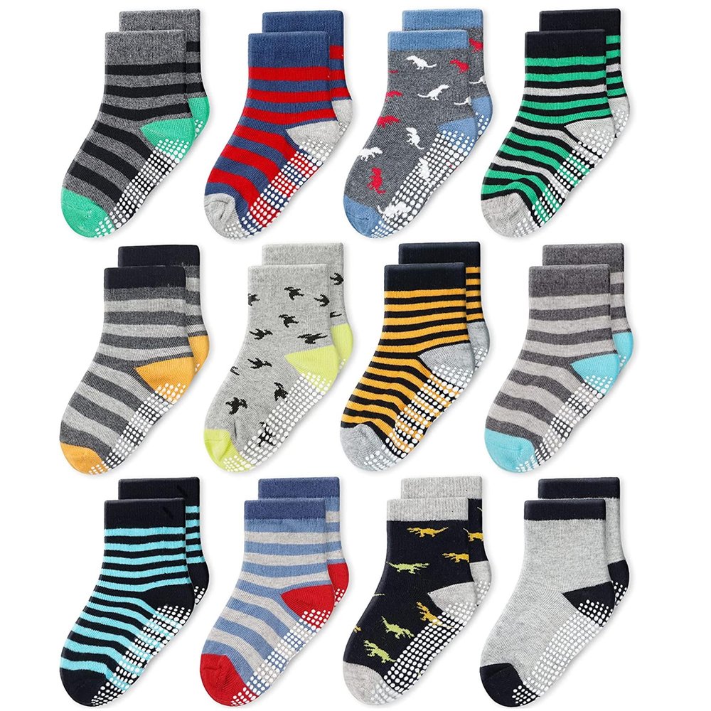 CozyWay Toddler Grip Socks - Non-Slip Gripper Socks for Toddler Girls - Cotton Comfort with Ankle Style for Boys - 1T-3T Gray/Yellow 12 Pack
