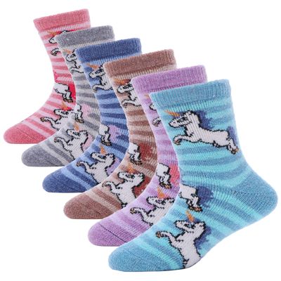 ANTSANG Kids Merino Wool Hiking Socks Toddlers Boys Girls Winter Warm Thick Thermal Crew Boot Heavy Cozy Snow Cabin Gift Snowboarding Socks 6 Pairs for Childs(Unicorn Stripe,8-12Y)