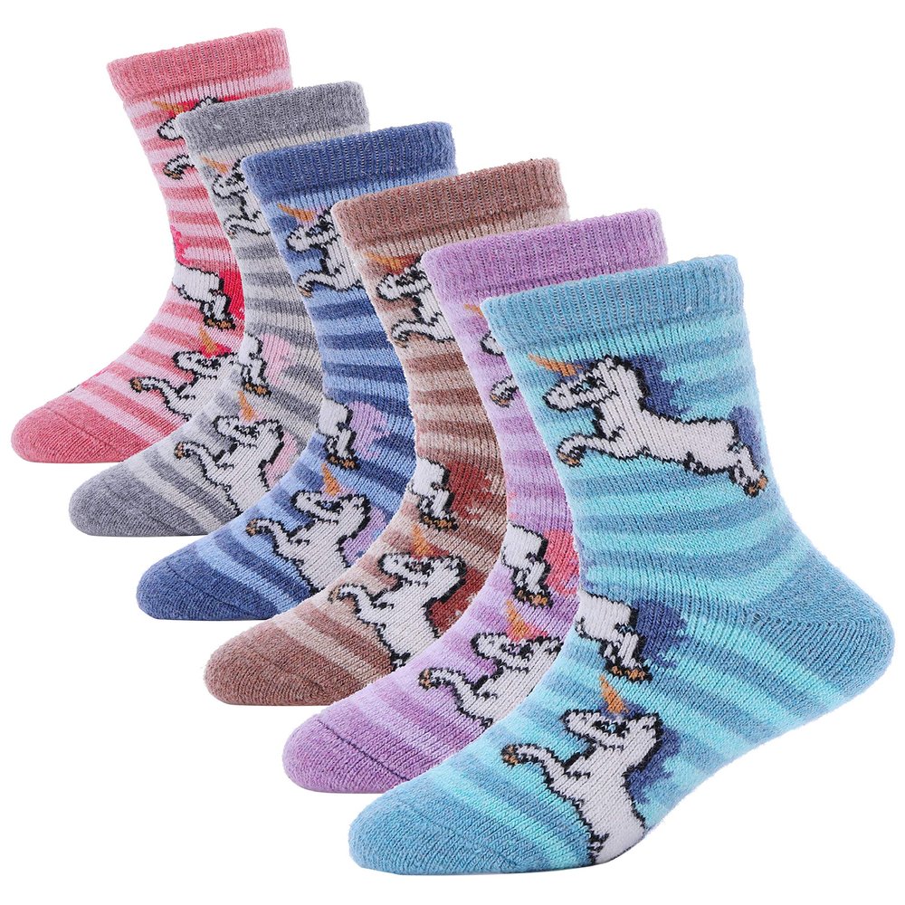ANTSANG Kids Merino Wool Hiking Socks Toddlers Boys Girls Winter Warm Thick Thermal Crew Boot Heavy Cozy Snow Cabin Gift Snowboarding Socks 6 Pairs for Childs(Unicorn Stripe,8-12Y)