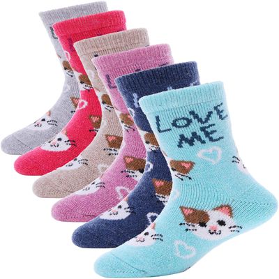 ANTSANG Kids Merino Wool Hiking Socks Toddlers Boys Girls Winter Warm Thick Thermal Crew Boot Heavy Cozy Snow Cabin Gift Snowboarding Socks 6 Pairs for Childs(Cat C,1-3Y)