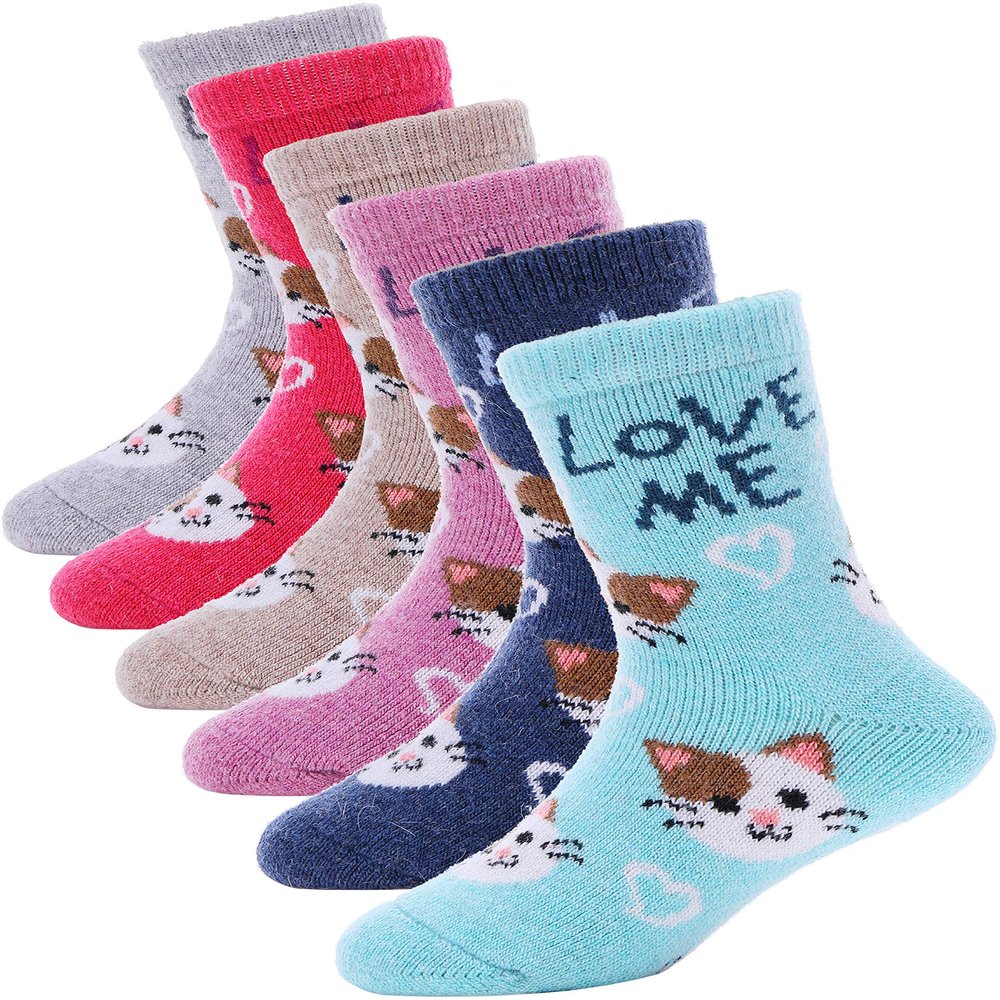 ANTSANG Kids Merino Wool Hiking Socks Toddlers Boys Girls Winter Warm Thick Thermal Crew Boot Heavy Cozy Snow Cabin Gift Snowboarding Socks 6 Pairs for Childs(Cat C,1-3Y)