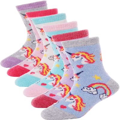 ANTSANG Kids Merino Wool Hiking Socks Toddlers Boys Girls Winter Warm Thick Thermal Crew Boot Heavy Cozy Snow Cabin Gift Snowboarding Socks 6 Pairs for Childs(Unicorn 01,8-12 Y)