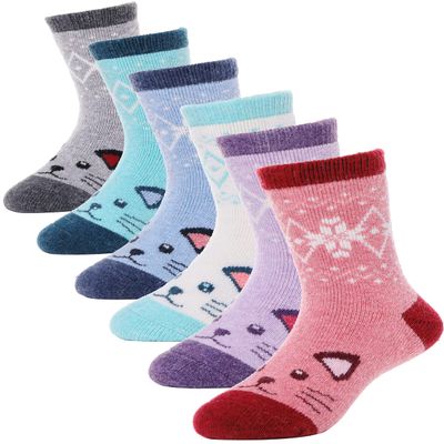 ANTSANG Kids Merino Wool Hiking Socks Toddlers Boys Girls Winter Warm Thick Thermal Crew Boot Heavy Cozy Snow Cabin Gift Snowboarding Socks 6 Pairs for Childs (Cat 01,4-7 Y)