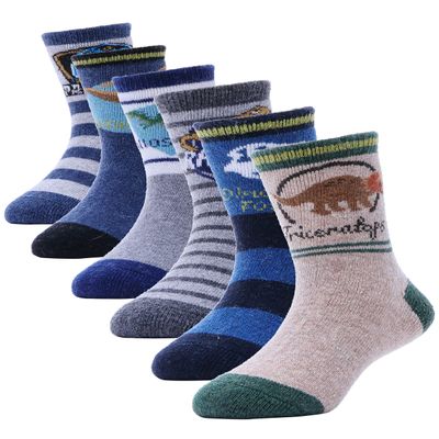 ANTSANG Kids Merino Wool Hiking Socks Toddlers Boys Girls Winter Warm Thick Thermal Crew Boot Heavy Cozy Snow Cabin Gift Snowboarding Socks 6 Pairs for Childs(Dinosaur A,1-3Y)