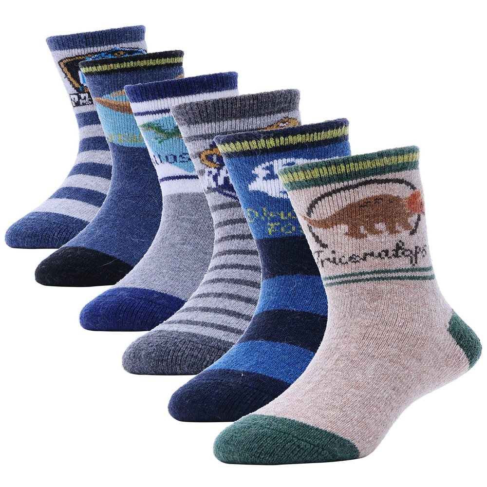 ANTSANG Kids Merino Wool Hiking Socks Toddlers Boys Girls Winter Warm Thick Thermal Crew Boot Heavy Cozy Snow Cabin Gift Snowboarding Socks 6 Pairs for Childs(Dinosaur A,1-3Y)