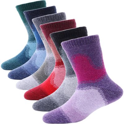 ANTSANG Kids Merino Wool Hiking Socks Toddlers Boys Girls Winter Warm Thick Thermal Crew Boot Heavy Cozy Snow Cabin Gift Snowboarding Socks 6 Pairs for Childs(Mix Color A,8-12 Y