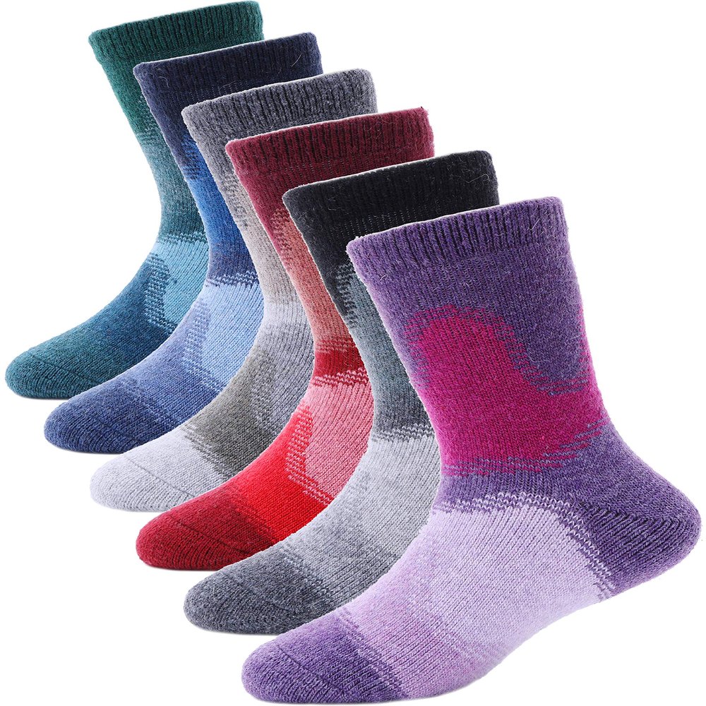 ANTSANG Kids Merino Wool Hiking Socks Toddlers Boys Girls Winter Warm Thick Thermal Crew Boot Heavy Cozy Snow Cabin Gift Snowboarding Socks 6 Pairs for Childs(Mix Color A,8-12 Y