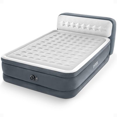 Intex 64447ED Dura-Beam Deluxe Ultra Plush Air Mattress with Headboard: Fiber-Tech Queen Size Built-in Electric Pump 18in Bed Height 600lb Weight Capacity