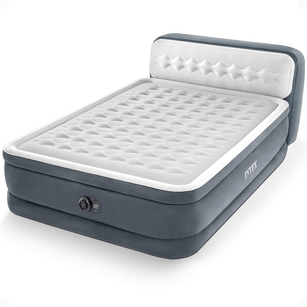Intex 64447ED Dura-Beam Deluxe Ultra Plush Air Mattress with Headboard: Fiber-Tech Queen Size Built-in Electric Pump 18in Bed Height 600lb Weight Capacity