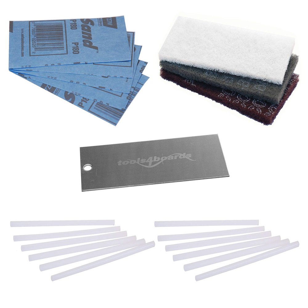 Tools4Boards Ski & Snowboard P-TEX Base Repair Kit: 12 pcs Ptex + 5 pcs Structure Sandpaper + 3 Brite Abrasive Pads + Stainless Scraper, Clear, Extra Large