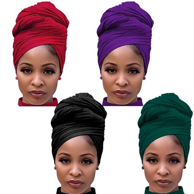Youme 4 Packs Head Wrap Scarf Stretch Jersey Turban Extra Long Ultra Soft Urban Headwraps for Women Solid Color African Headwear Headband Tie (Black Purple Green Red), Large