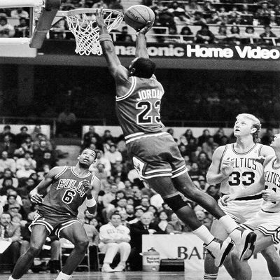 Chigaco Bulls Micheal Jordan and Boston Celtics Larry Bird Action Shot In 1987 8x10 Photo Picture