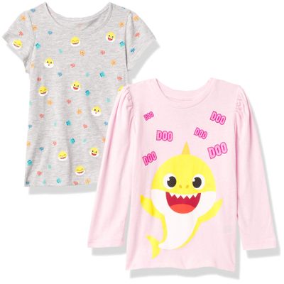 Nickelodeon Baby Girls Shark 2-Piece T-Shirt Bundle Set - Toddler Girl Size 2t-5t Mommy & Daddy Shark Tees, Light Pink/Heather Grey
