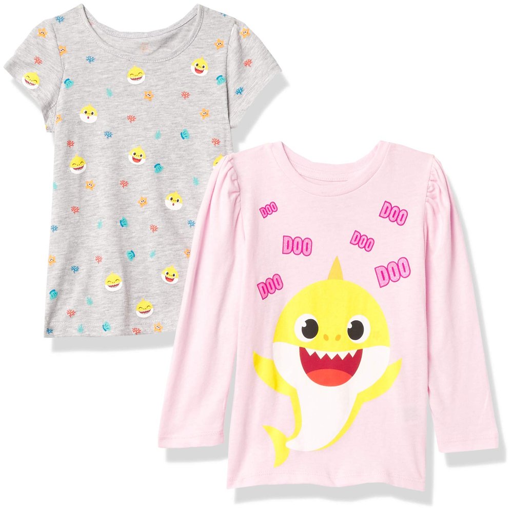 Nickelodeon Baby Girls Shark 2-Piece T-Shirt Bundle Set - Toddler Girl Size 2t-5t Mommy & Daddy Shark Tees, Light Pink/Heather Grey