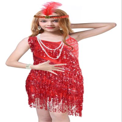 Latin Dance Dress for Girls Ballroom Dancing Dresses for Kids Flapper Dress with 20s Accessories Set (X-Large, Style 3 Red)