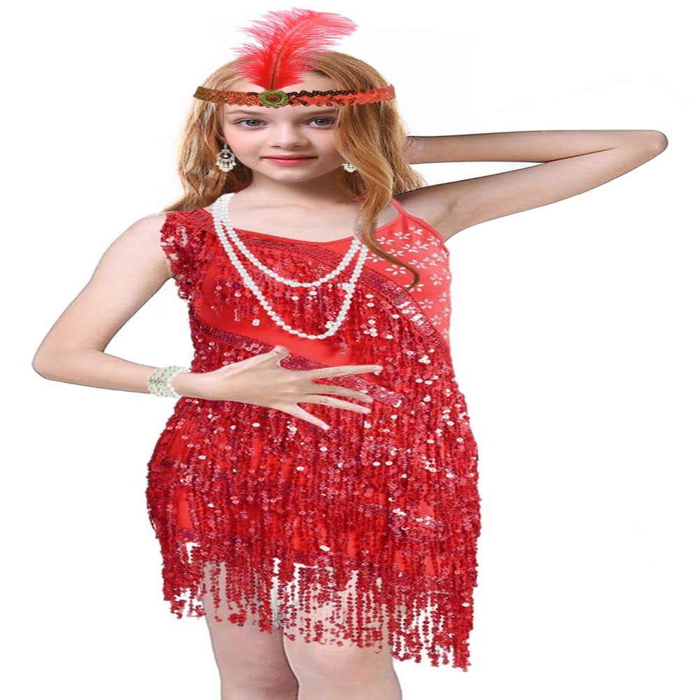 Latin Dance Dress for Girls Ballroom Dancing Dresses for Kids Flapper Dress with 20s Accessories Set (X-Large, Style 3 Red)