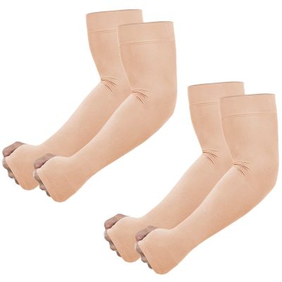 Newbyinn UV Sun Protection Arm Sleeves with Thumb Hole for Men Women Youth, Cooling Sleeve to Cover Tattoo, Mid-Compression 2 Pairs: Beige