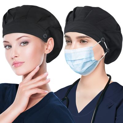 ABAMERICA 2 Pack Bouffant Caps with Button and Sweatband, Adjustable Scrub Caps for Women Men, One Size Multi Color