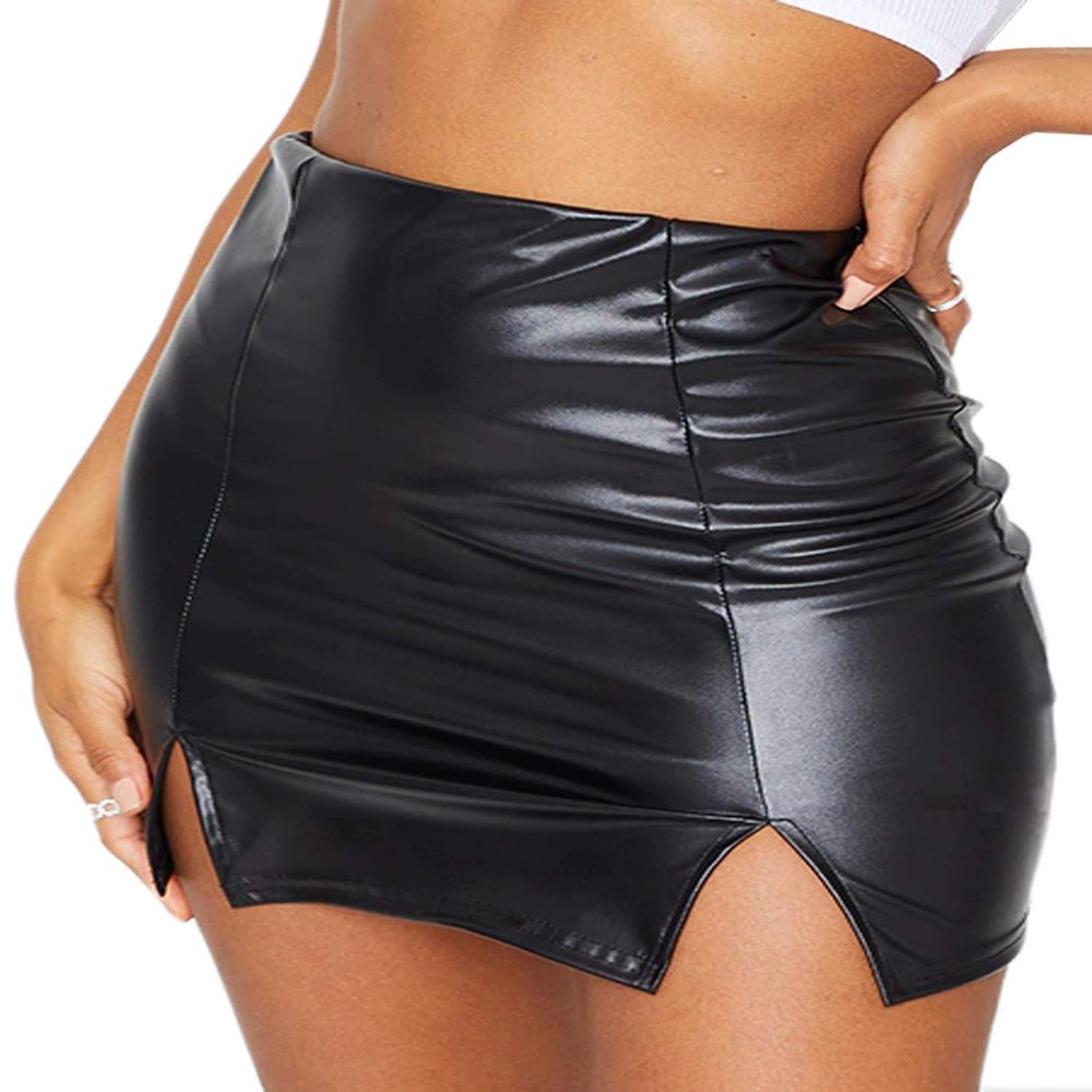 Just Quella Women's Classic High Waist Sexy Slim Mini Pencil Leather Skirts 9043 (Black Faux Leather Split Hem Mini Skirt, M)