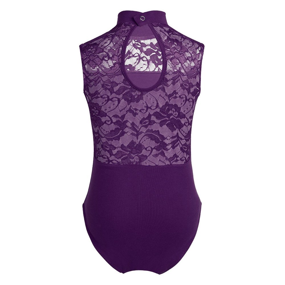 Hansber Kids Girls Ballet Dacne Gymnastics Leotard Turtleneck Sleeveless Lace Back Unitard Jumpsuit Purple 11-12