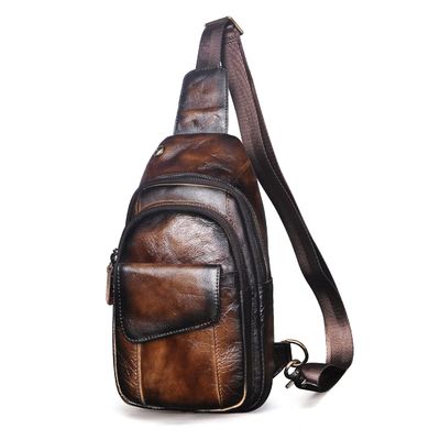 Le'aokuu Men Outdoor Casual Travel Hiking Tea Crossbody Chest Sling Bag Rig One Shoulder Strap Bag Backpack Men Leather (E 8013 Size Coffee)