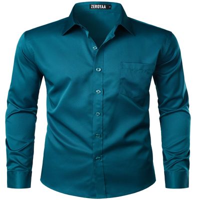 ZEROYAA Men's Urban Stylish Casual Business Slim Fit Long Sleeve Button Up Dress Shirt with Pocket ZLCL29 Teal Small