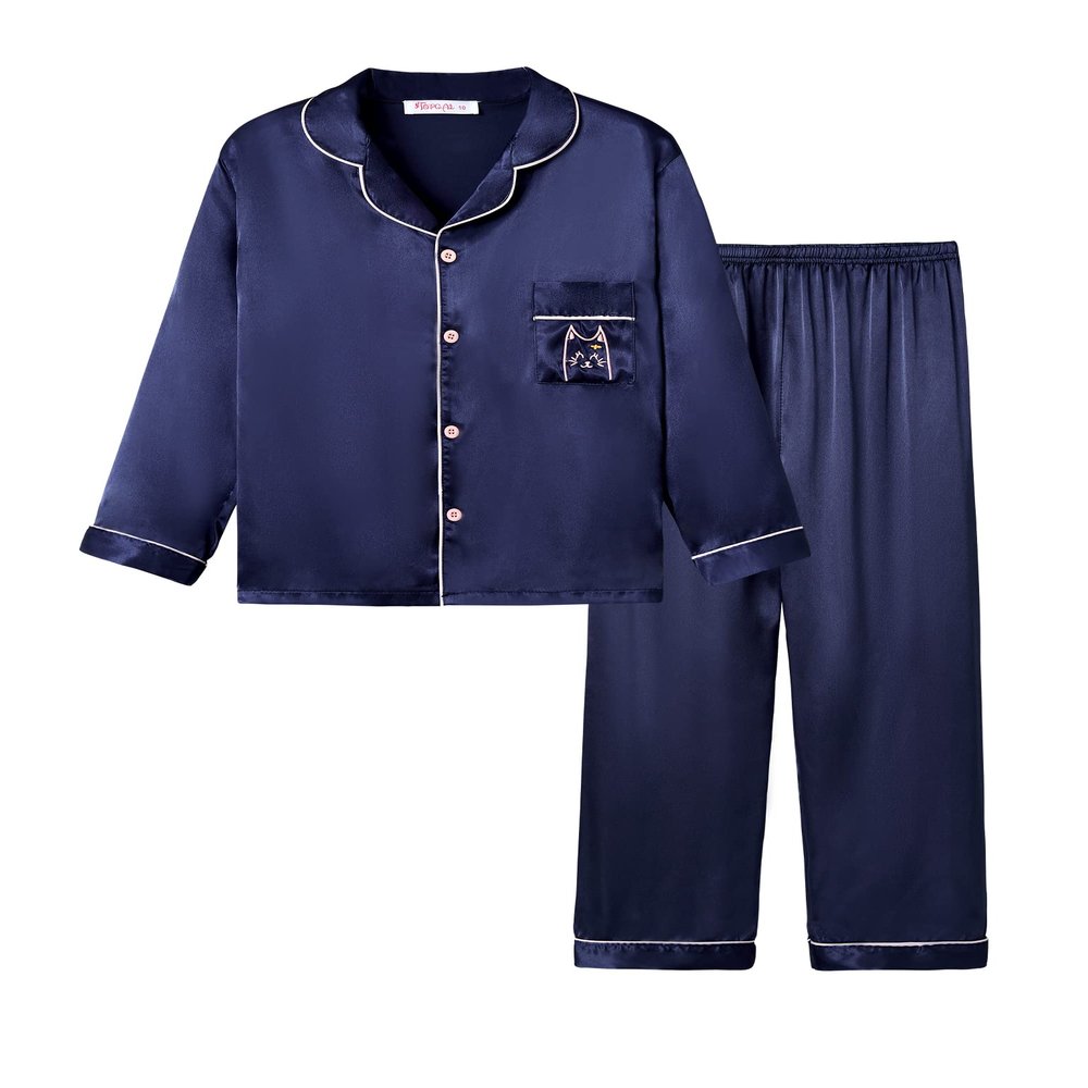 Topgal Cat Pajamas for Girls Satin Silky Button Up Cute Coat Style Pyjama Size 8 Navy