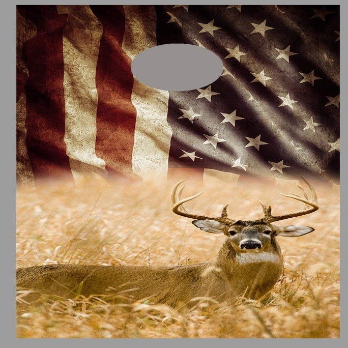 Lets Print Big Deer Aged American Waving Flag Cornhole Board Decal Wrap