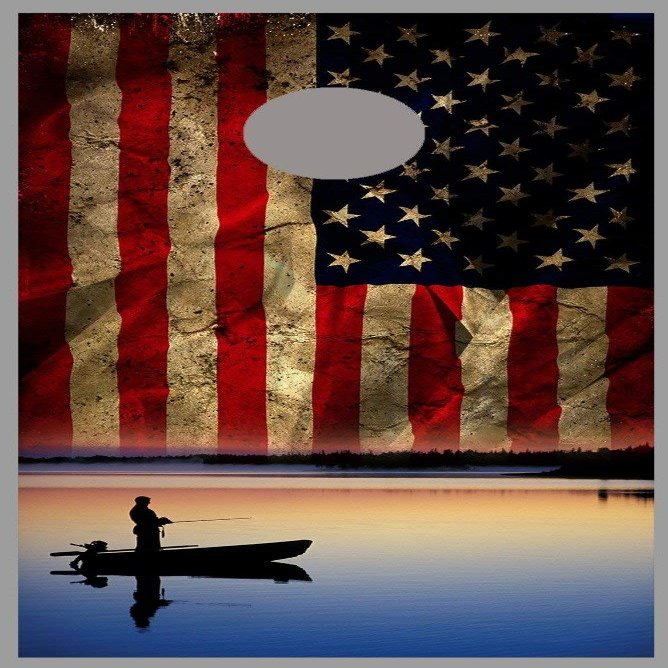Lets Print Big Aged American Flag Boat on Lake Fishing Corn Hole Board Decal Wrap