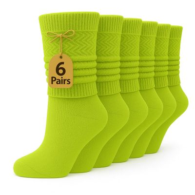 AWS/American Made 6 Pairs Cotton Slouch Knee Socks Shoe Size 5 to 10 (Lemon Green)