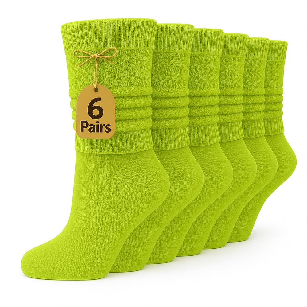 AWS/American Made 6 Pairs Cotton Slouch Knee Socks Shoe Size 5 to 10 (Lemon Green)