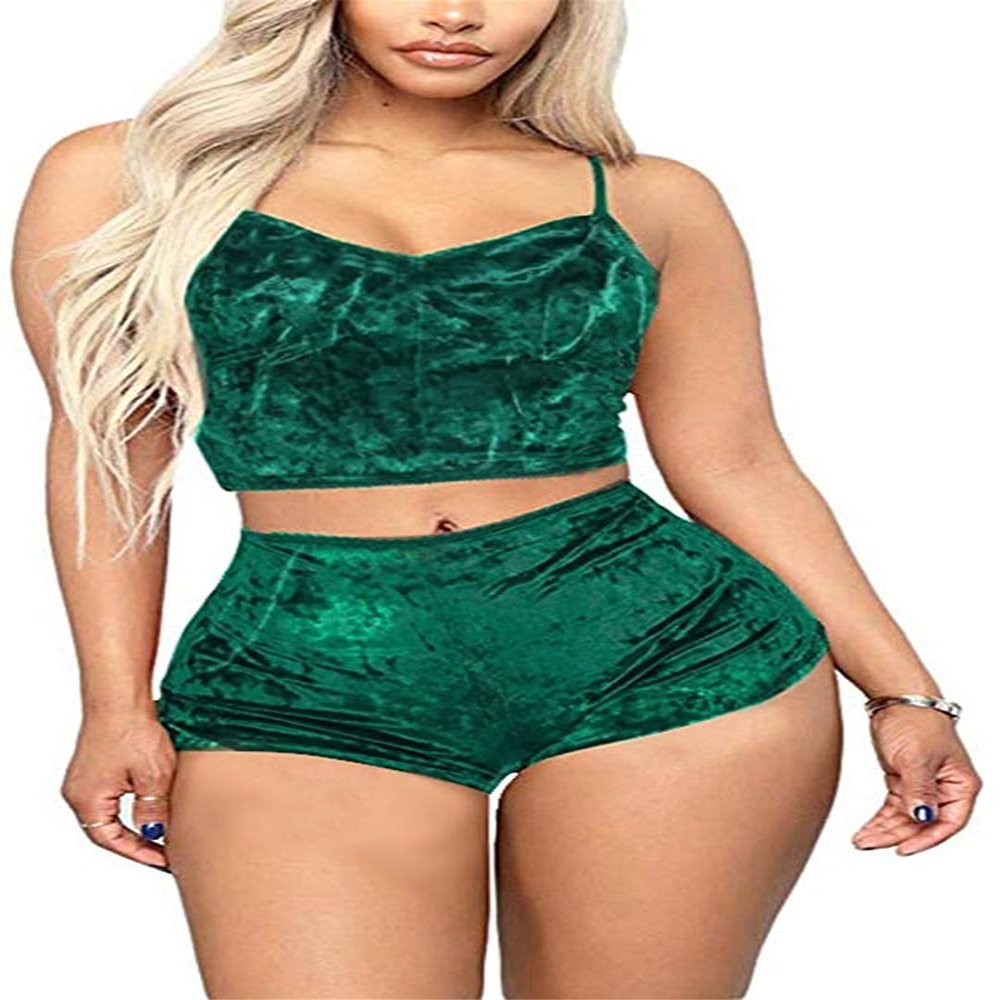 N / D Women Sexy Strappy Babydoll Lingerie Satin Velvet Pajama Set Straps Camisole with Shorts 2 Piece Sleepwear Shorts (Green, L)
