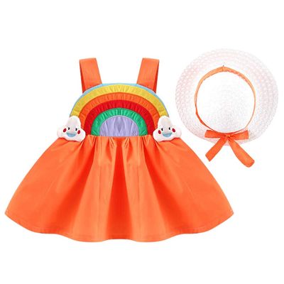 Baby Girls Rainbow Tutu Dress Summer Sleeveless Backless Princess Birthday Party Dresses Toddler Little Girl First Communion Pageant Flower Bowknot Sundress with Straw Hat Outfit Clothes Orange 6-12M