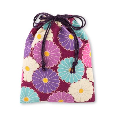 Cloth Pouches with Drawstring 9.8 x 7.5 inches (25 x 19 cm) Japanese Pattern (KIKKA/Purple), Cloth Gift Bag,Fabric Pouch, Made in Japan