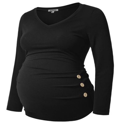 GINKANA Maternity Shirt Long Sleeve Basic Top Ruch Sides Buttons Tshirt for Pregnant,Black,L