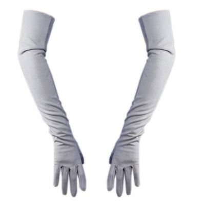 QIN-FE Women Suede Gloves 24inches Long Opera Length Warm for Warm Wedding Evening Party Finger Gloves (light grey)