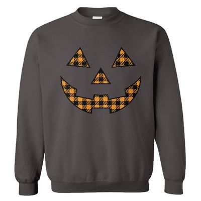 Tcombo Plaid Pumpkin Face - Halloween Outfit Unisex Crewneck Sweatshirt (Plaid Face - Charcoal, XX-Large)